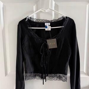 Le Lis Black Lace-Trim Long Sleeve Tie-Front Crop Top